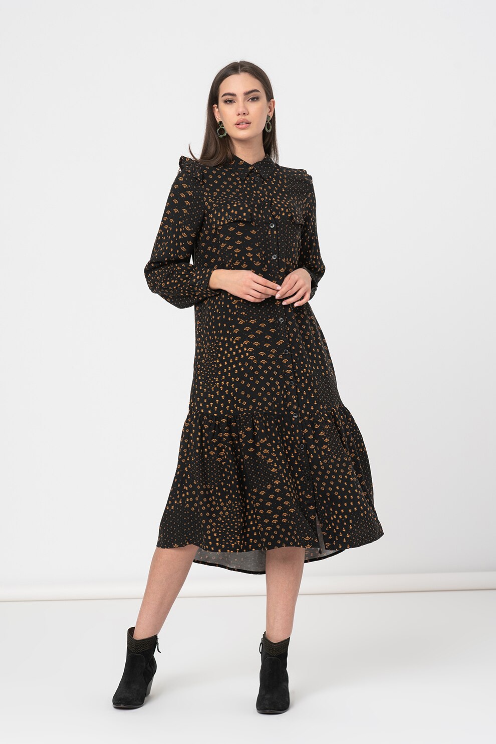 b.young, Rochie-camasa cu buzunare pe piept Fione, Negru/Oranj