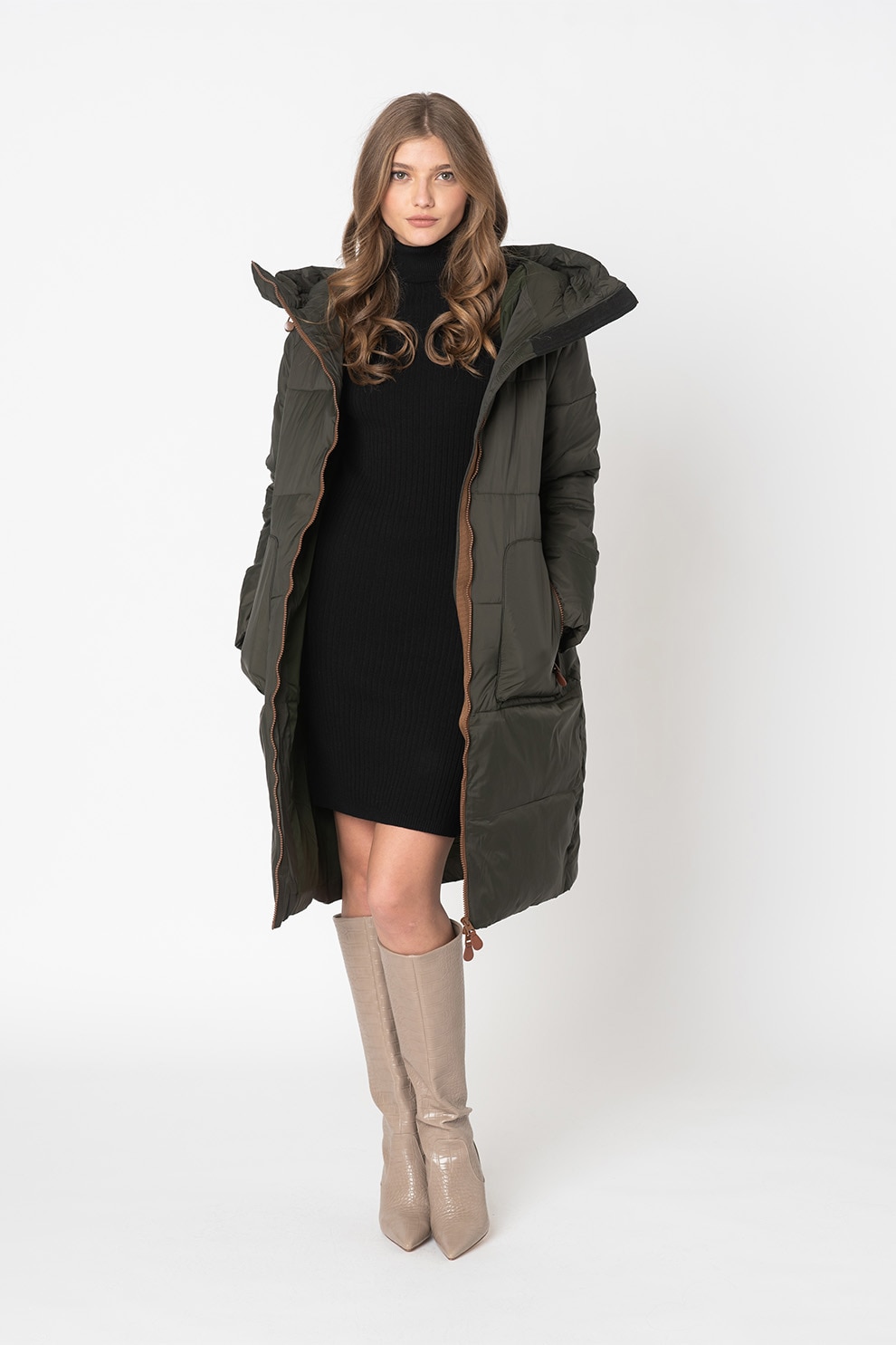 b.young, Geaca lunga cu vatelina si gluga Cerina, Verde militar