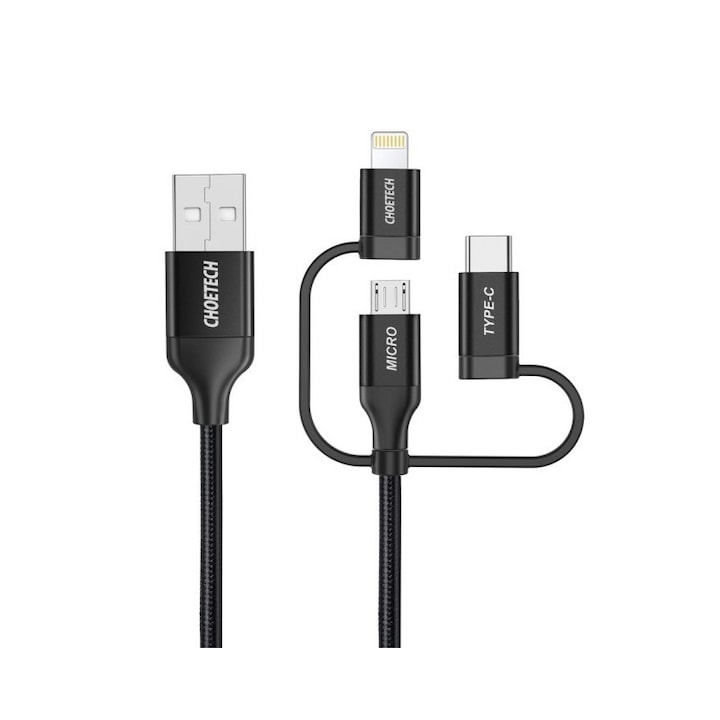 Cablu 3 In 1 Choetech Mfi Usb La Usb Type-c / Microusb / Lightning Incarcare 3a, Transfer Date 480mbps, 1.2m, Negru - 4971620