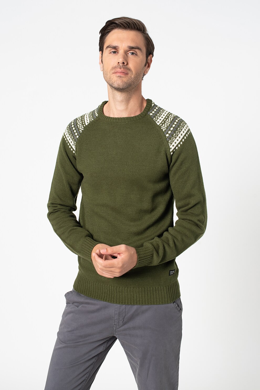 BLEND, Pulover din amestec de lana cu decolteu rotund, Verde militar/ Alb