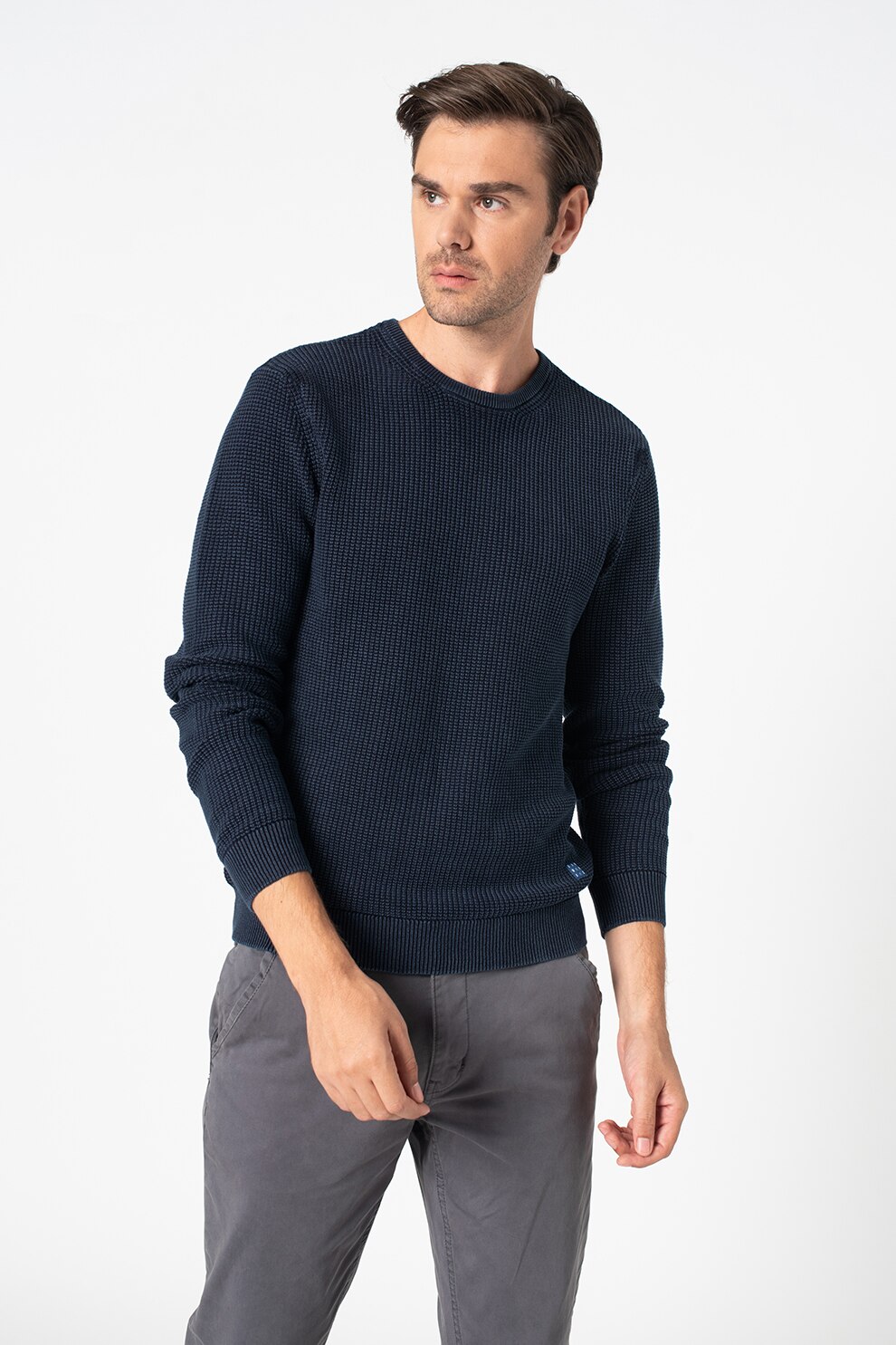 BLEND, Pulover de bumbac cu decolteu rotund, Albastru inchis