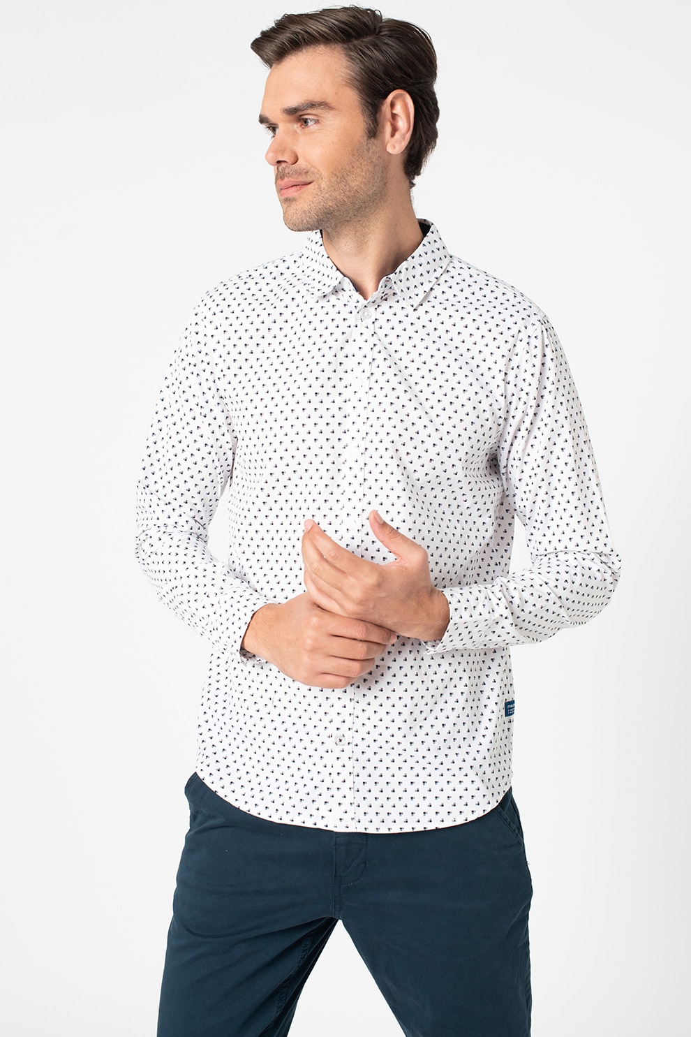 BLEND, Camasa cu imprimeu grafic si maneci lungi, Alb/Negru