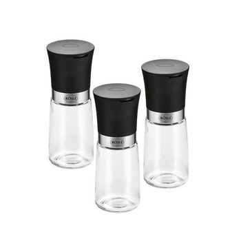 Set de 3 solnite cu rasnita, Rösle, lame ceramica, recipient sticla 120 ml, reglare macinare, sare, piper, condimente, negru/ transparent Set de 3 solnite cu rasnita, Rösle, lame ceramica, recipient sticla 120 ml, reglare macinare, sare, piper, condimente, negru/ transparent