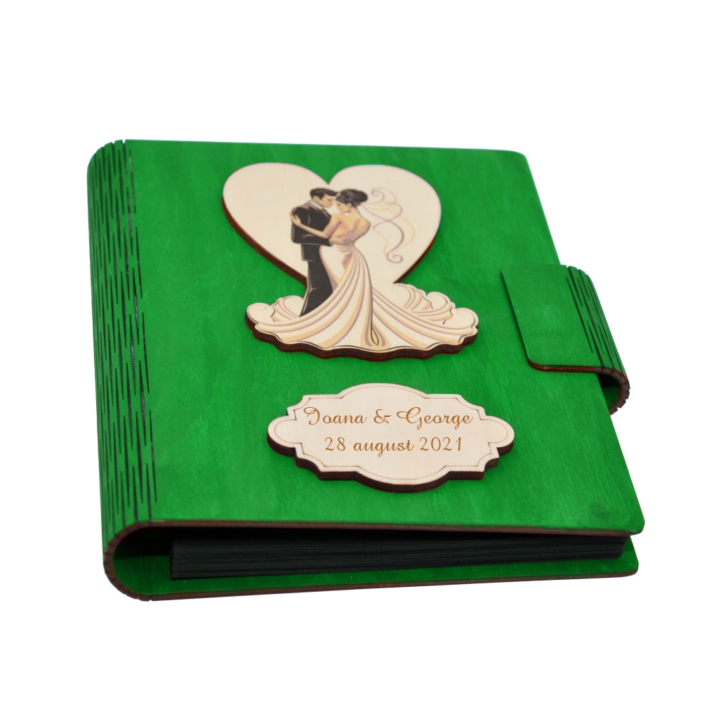 Album foto din lemn personalizat, Guestbook de nunta, verde, A5, Piksel, pix si lipici stick inclus