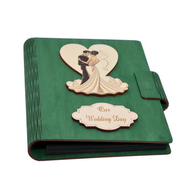 Album foto din lemn personalizat, Guestbook de nunta, Verde inchis, A5, Piksel, pix si lipici stick inclus