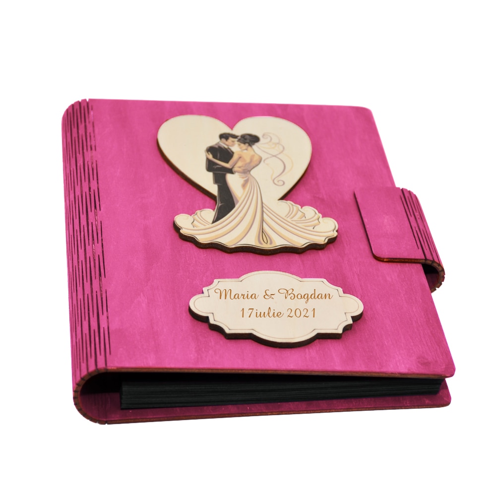 Album foto din lemn personalizat, Guestbook de nunta, Roz, A5, Piksel, pix si lipici stick inclus