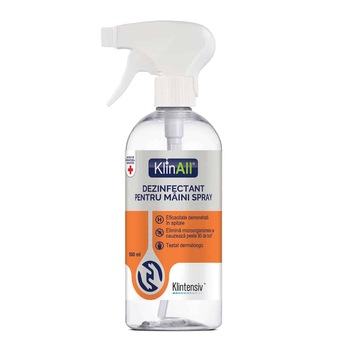 Dezinfectant pentru maini, sub forma lichida, delicat cu maini, 85% alcool cu actiune virucida, KLINALL, flacon cu pulverizator, 500 ml Dezinfectant pentru maini, sub forma lichida, delicat cu maini, 85% alcool cu actiune virucida, KLINALL, flacon cu pulverizator, 500 ml