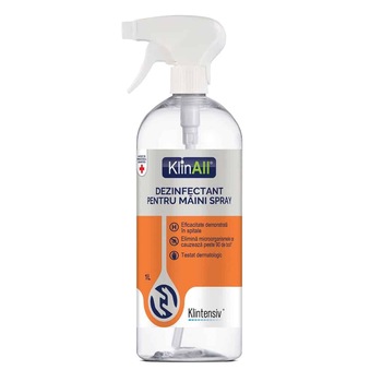 Dezinfectant pentru maini, sub forma lichida, delicat cu maini, 85% alcool cu actiune virucida, KLINALL, flacon cu pulverizator, 1L Dezinfectant pentru maini, sub forma lichida, delicat cu maini, 85% alcool cu actiune virucida, KLINALL, flacon cu pulverizator, 1L