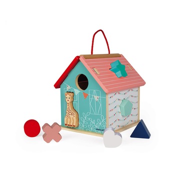 Casuta cu forme de sortat, Janod, Sophie La Girafe, din lemn Casuta cu forme de sortat, Janod, Sophie La Girafe, din lemn