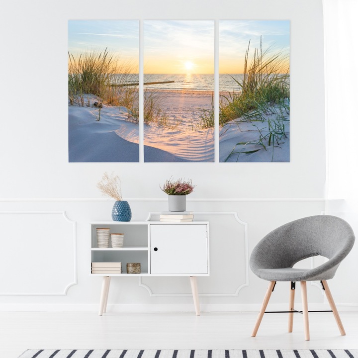 Tablou Triptic MARE Plaja Dune Peisaj 3D 150cm x 100cm Canvas, Creative decor, Modern design, Natura, Soare