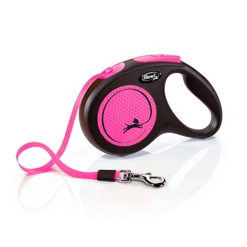 Lesa retractabila Flexi New Neon, 5 m, 25 kg, Plastic/Nailon, Negru/Roz, M