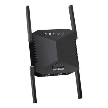 Amplificator semnal retea WiFi, 1200Mbps, Retea 5G si 2.4G, 4 antene, Conectare rapida WPS, cu Mod repetor si AP, Port LAN si WAN, sundiguer, negru Amplificator semnal retea WiFi, 1200Mbps, Retea 5G si 2.4G, 4 antene, Conectare rapida WPS, cu Mod repetor si AP, Port LAN si WAN, sundiguer, negru