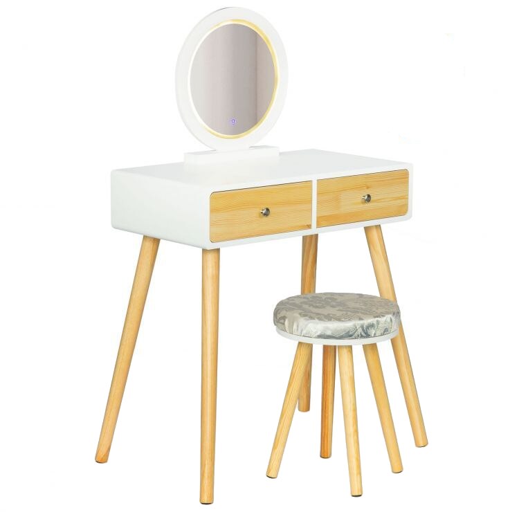 Masa de toaleta cu scaun si oglinda LED, 2 sertare mari cu manere decorative, finisata cu lemn de pin, 125 x 40 x 80 cm / 32 x 40 cm