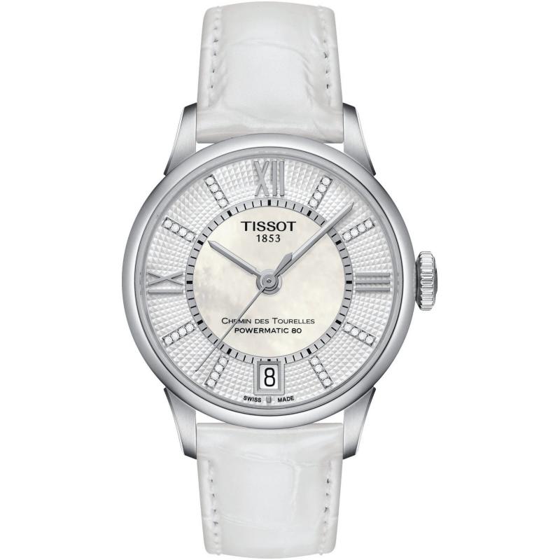 Ceas de dama Tissot Chemin des Tourelles Powermatic 80 Lady, Curea din Piele, Alb