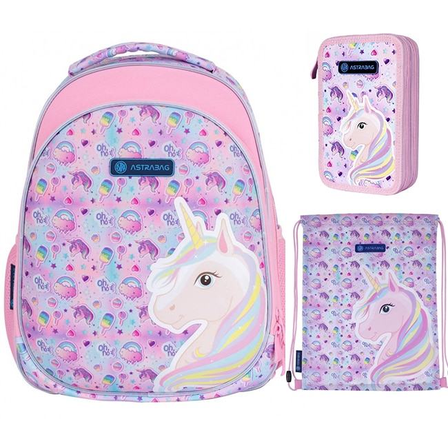 Set scoala Unicorn - Ghiozdan scoala, Penar neechipat si Sac incaltaminte