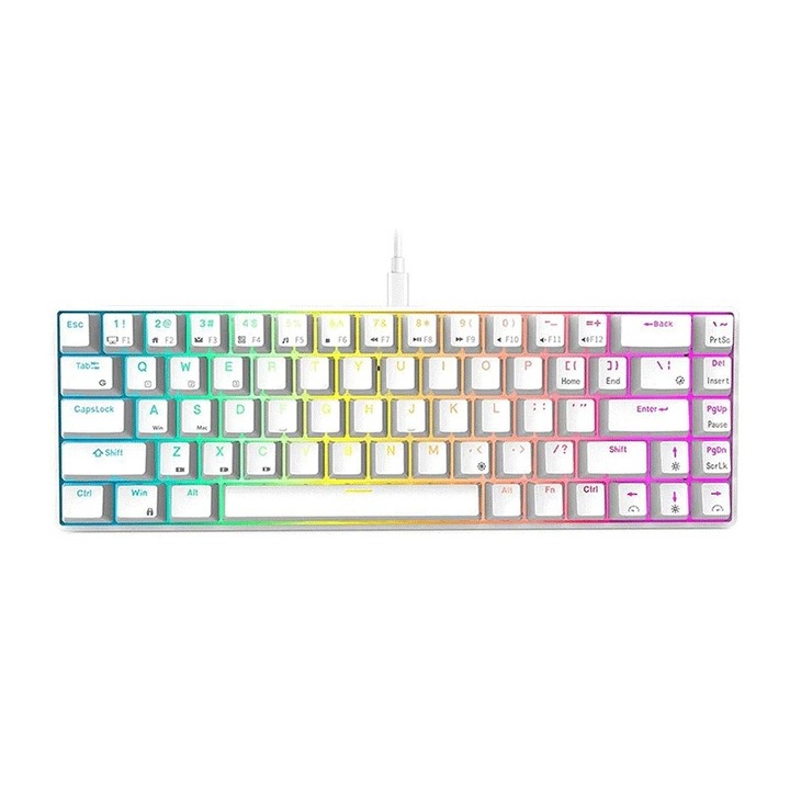 Tastatura mecanica gaming Royal Kludge RKG68, 68 taste, hotswap, RGB, 65%, Keycaps ABS double shot, wireless sau cablu, baterie 1450 mAh, alb, RKG68
