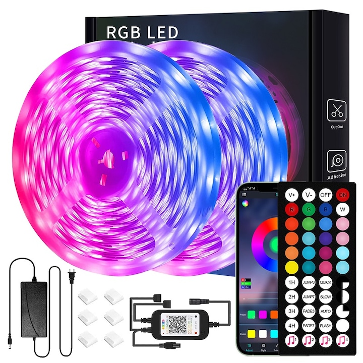 Kit Banda LED RGB, 15 m, Sincronizare muzica, Bluetooth controlul APP, 16 milioane culori, Temporizare, cu telecomanda 44 tast, YWX, Multicolor