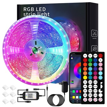 Kit Banda LED RGB, 5 m, Sincronizare muzica, Bluetooth controlul APP, 16 milioane culori, Temporizare, cu telecomanda 44 tast, YWX, Multicolor Kit Banda LED RGB, 5 m, Sincronizare muzica, Bluetooth controlul APP, 16 milioane culori, Temporizare, cu telecomanda 44 tast, YWX, Multicolor