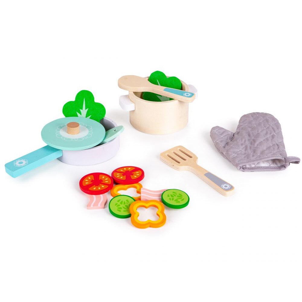 Set 16 accesorii din lemn pentru bucatarie, lipsite de margini ascutite, vopsite ecologic, pentru siguranta copiilor