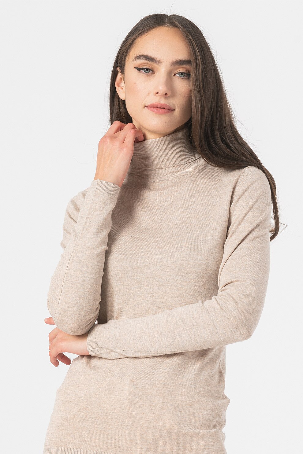 ICHI, Pulover tricotat fin cu guler inalt Mafa, Maro nisip