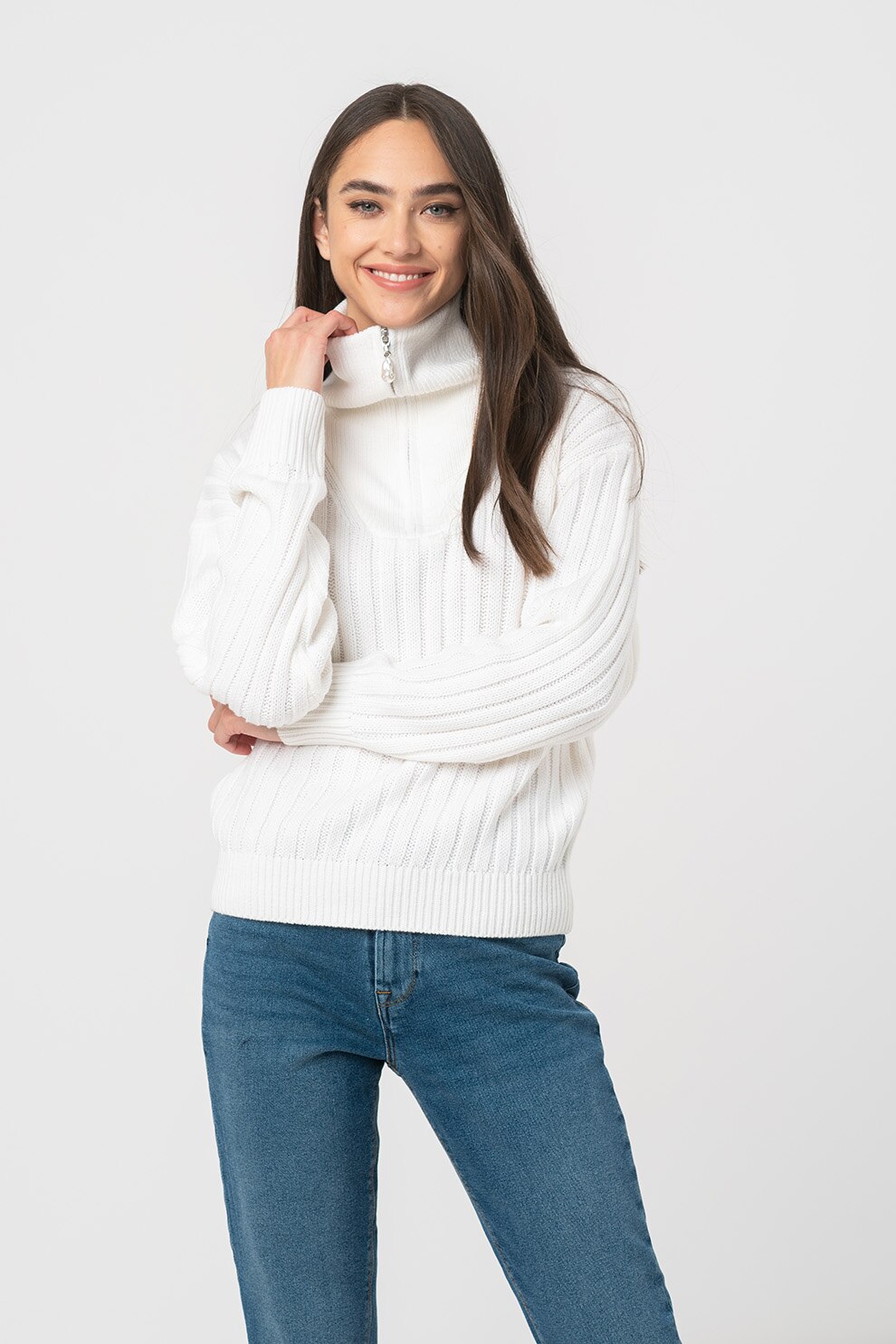 ICHI, Pulover cu guler inalt si fenta cu fermoar, Alb