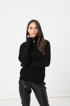 ICHI, Pulover cu guler inalt si fenta cu fermoar, Negru ICHI, Pulover cu guler inalt si fenta cu fermoar, Negru