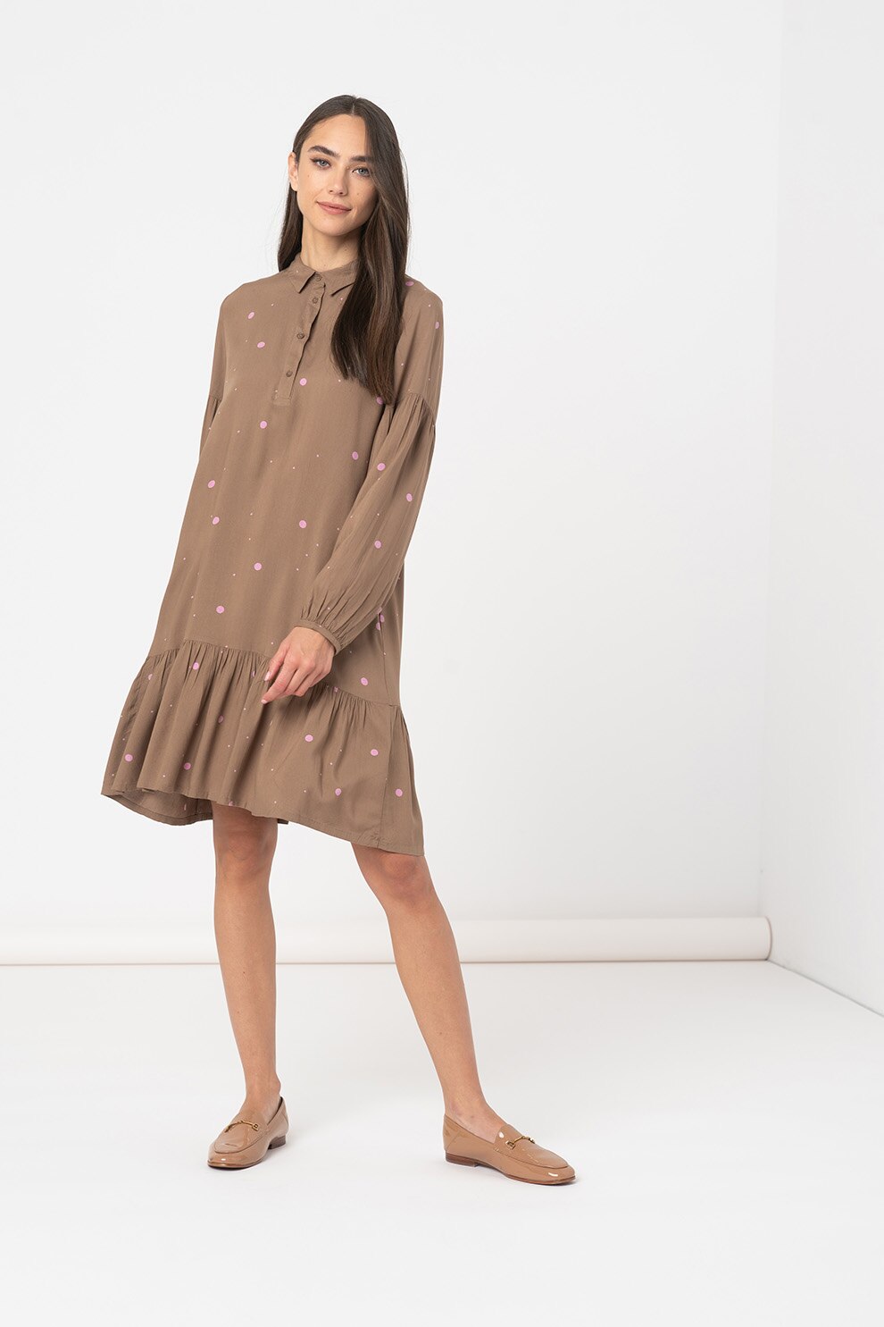 ICHI, Rochie midi cu croiala A si buline, Maro camel/Roz