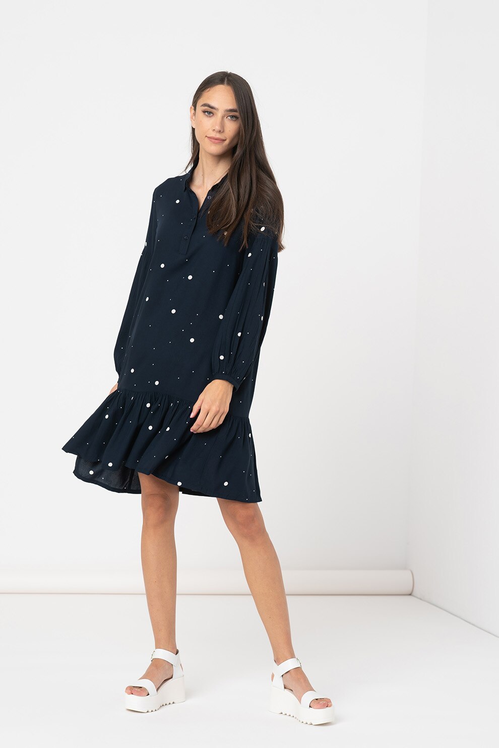 ICHI, Rochie midi cu croiala A si buline, Bleumarin/Alb