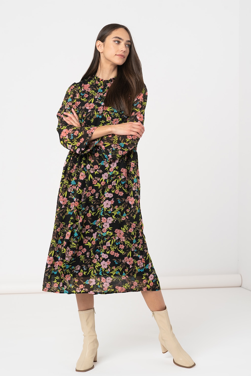 ICHI, Rochie midi cu imprimeu floral, Negru/Roz/Verde