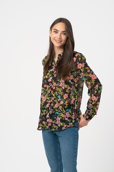 ICHI, Camasa cu model floral si maneci lungi, Negru/Roz/Verde ICHI, Camasa cu model floral si maneci lungi, Negru/Roz/Verde