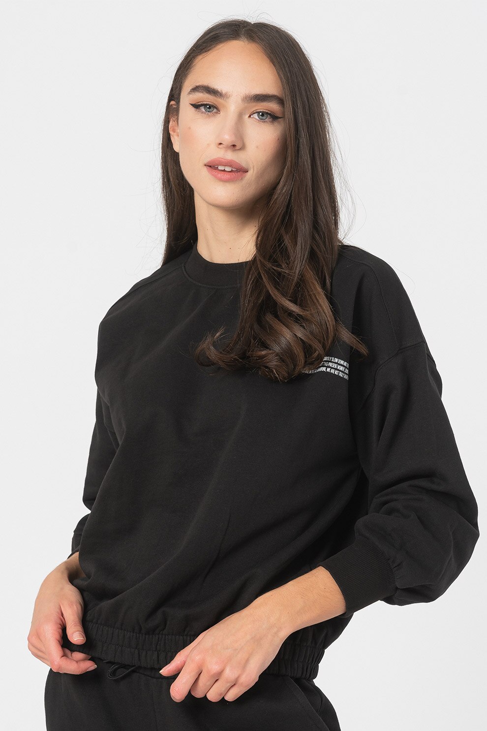 ICHI, Bluza sport de bumbac organic cu decolteu la baza gatului si maneci cazute Kawi, Negru