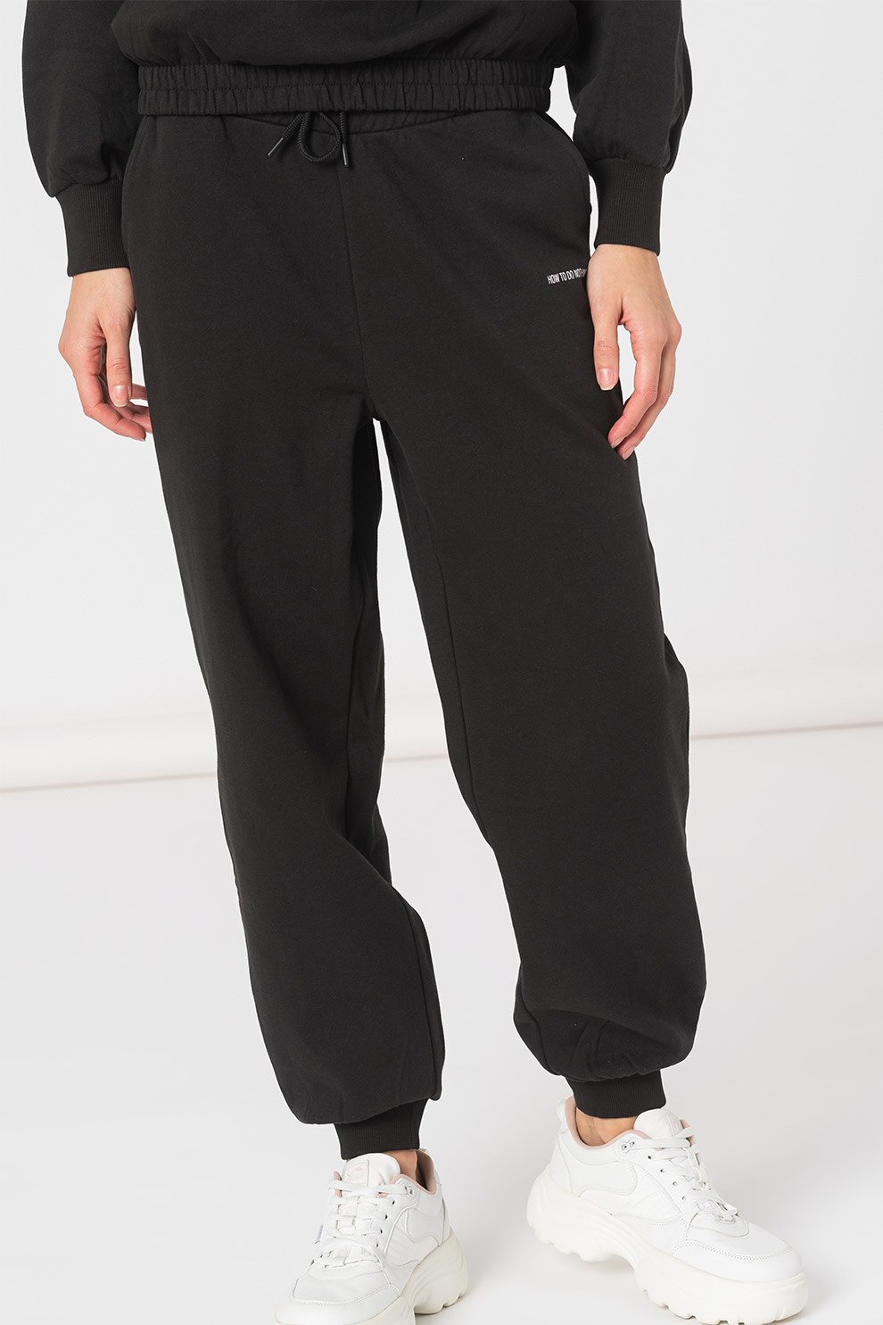 ICHI, Pantaloni sport de bumbac organic cu talie ajustabila Kawi, Negru