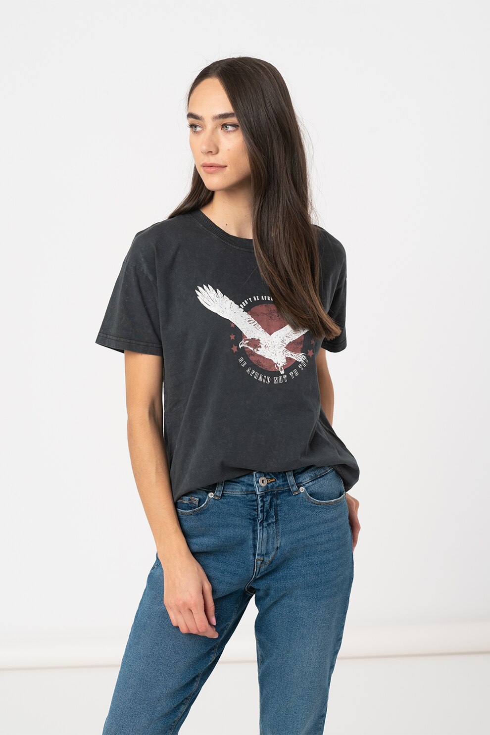 ICHI, Tricou cu imprimeu grafic, Gri inchis