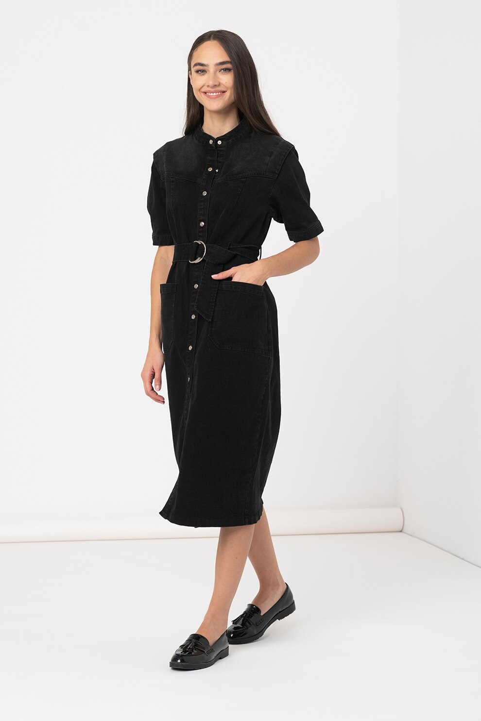 ICHI, Rochie midi de denim cu o curea, Negru