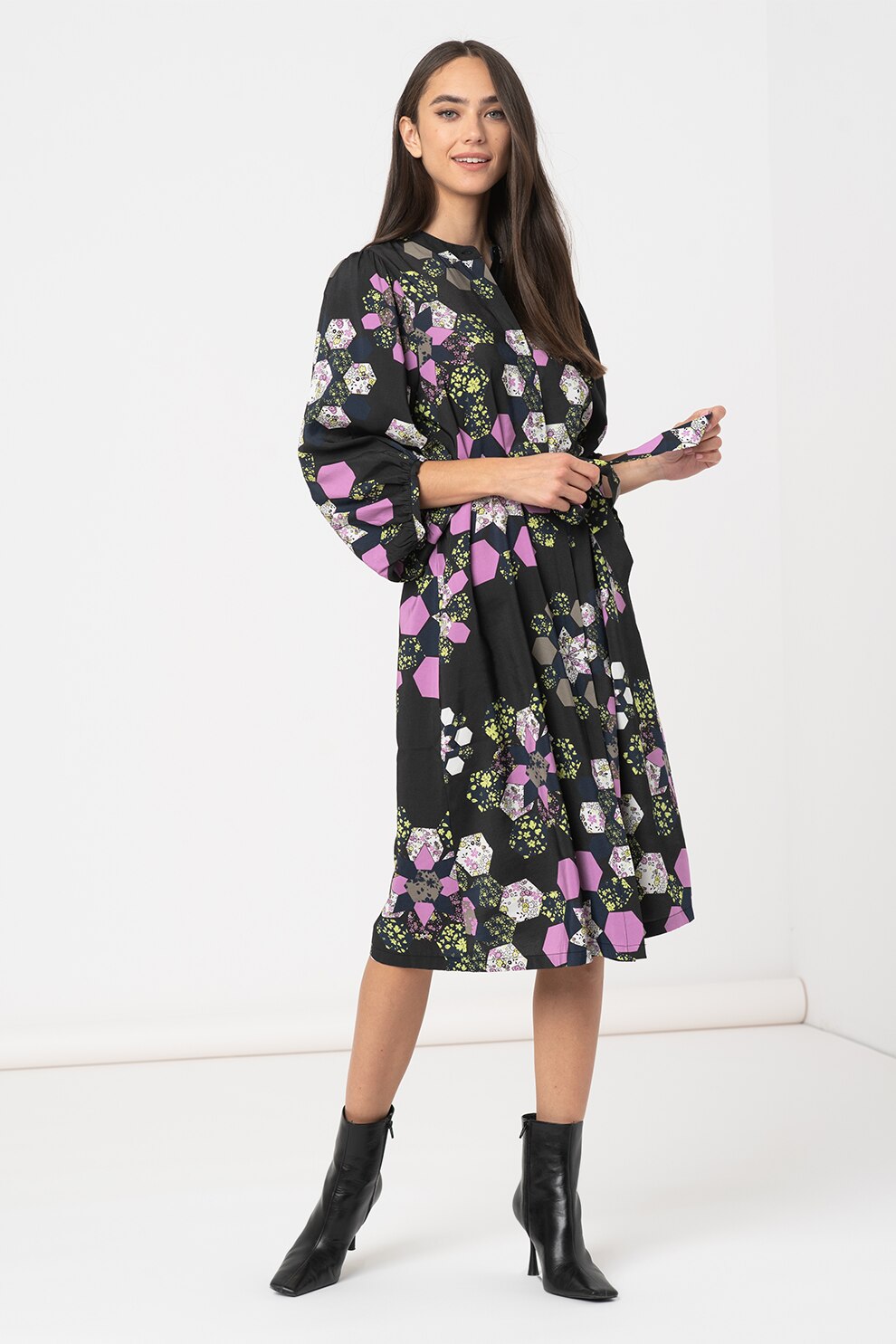 ICHI, Rochie midi cu imprimeu floral, Negru/lila/verde, XS