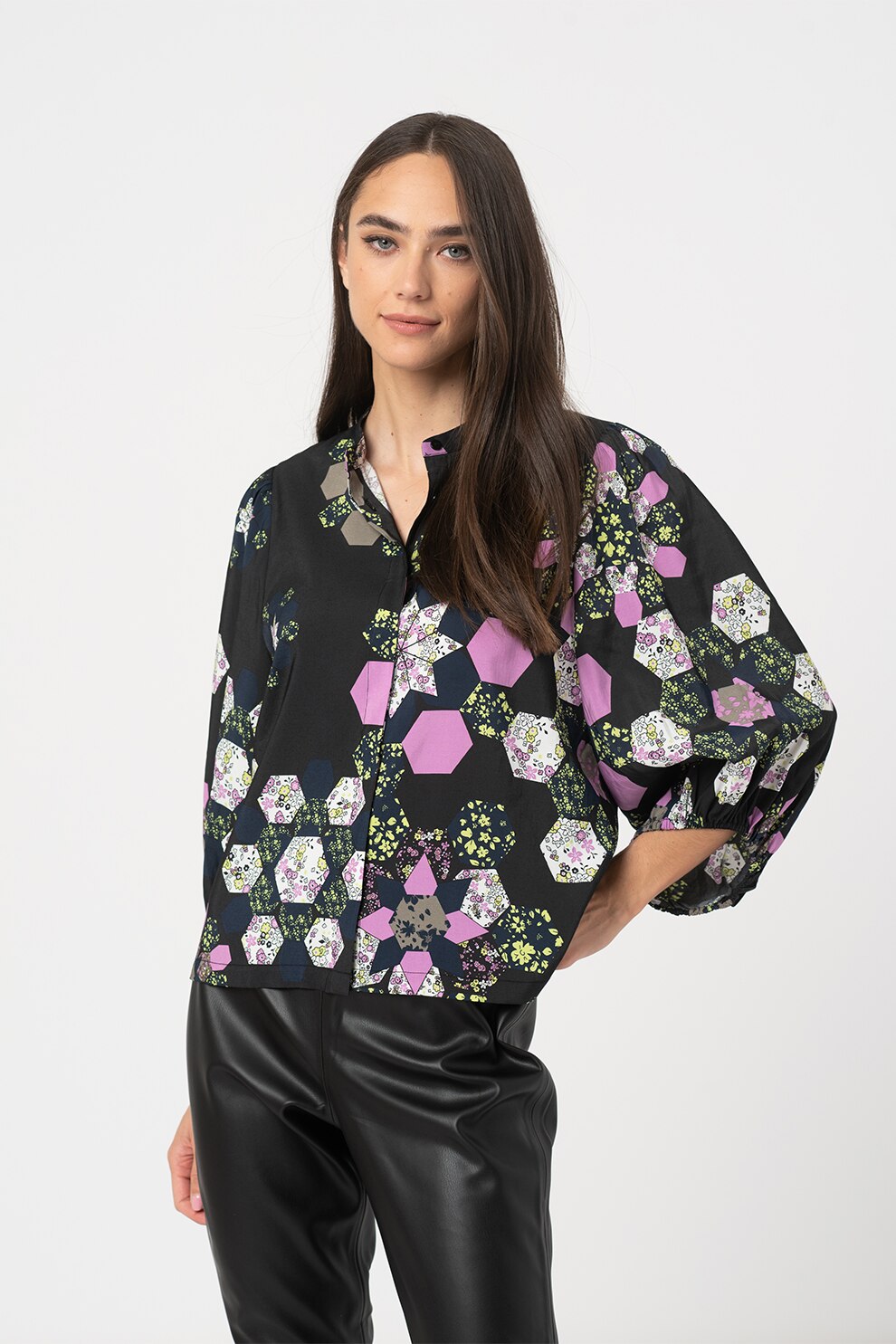 ICHI, Camasa cu imprimeu grafic si maneci 3/4, Negru/lila/verde