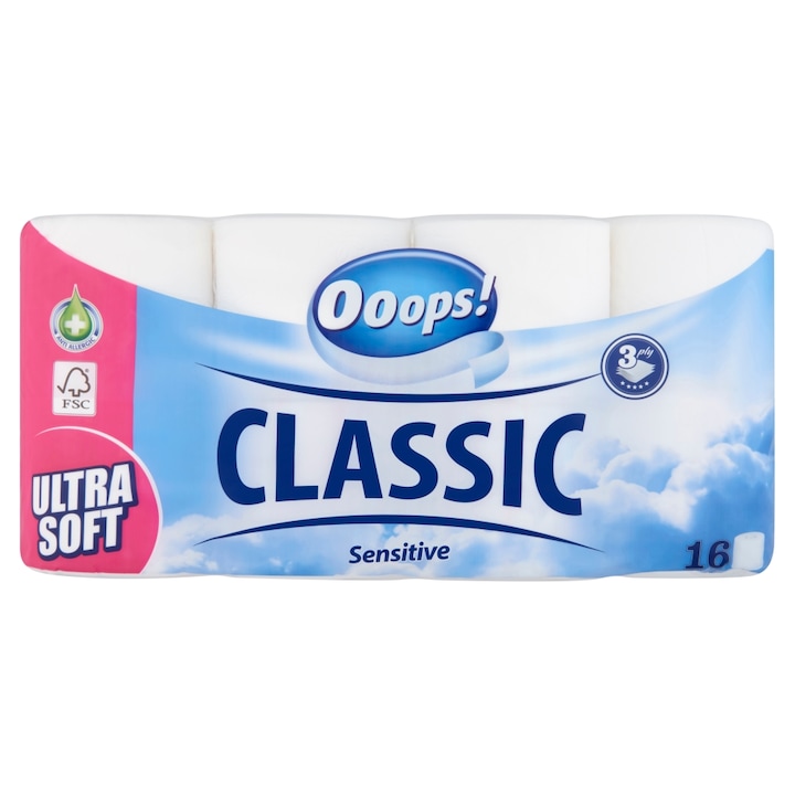 Ooops! Classic Sensitive 3 rétegű toalettpapír, 16 tekercs, Easy Open