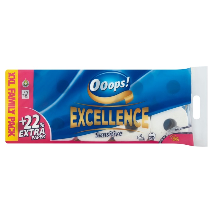 Ooops! Excellence Sensitive 3 rétegű toalettpapír, 20 tekercs