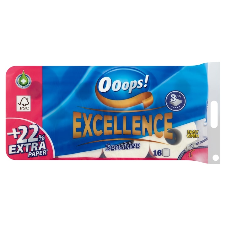 Ooops! Excellence 3 rétegű toalettpapír, 16 tekercs, Easy Open