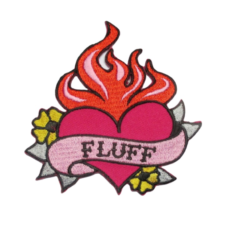 Petic textil inima roz cu flacari rosii 9x9 cm