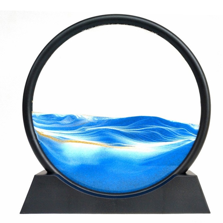 3D-s mozgó táj homokfestés üvegkeret Art dinamikus homokóra dekoráció, Pihentető Toy Desktop Home Office,7", kék