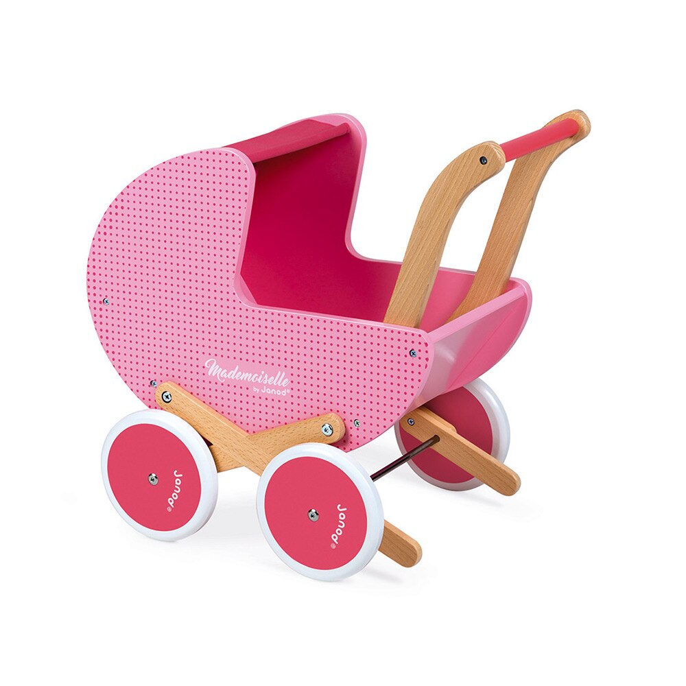 Carucior pentru papusi, Janod, roz, din lemn