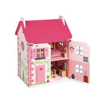 Casuta de papusi, Janod, Mademoiselle, roz, din lemn Casuta de papusi, Janod, Mademoiselle, roz, din lemn