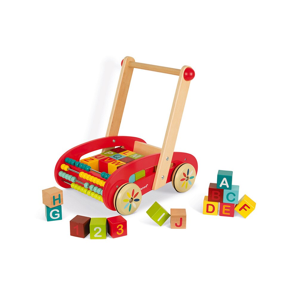 Carucior din lemn, Janod, cu cuburi si abac