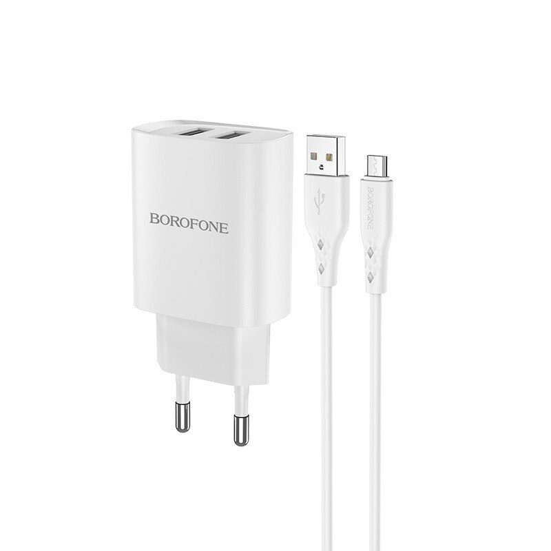 Incarcator Retea Borofone, BN2 2 x USB, Cablu Micro USB, Alb