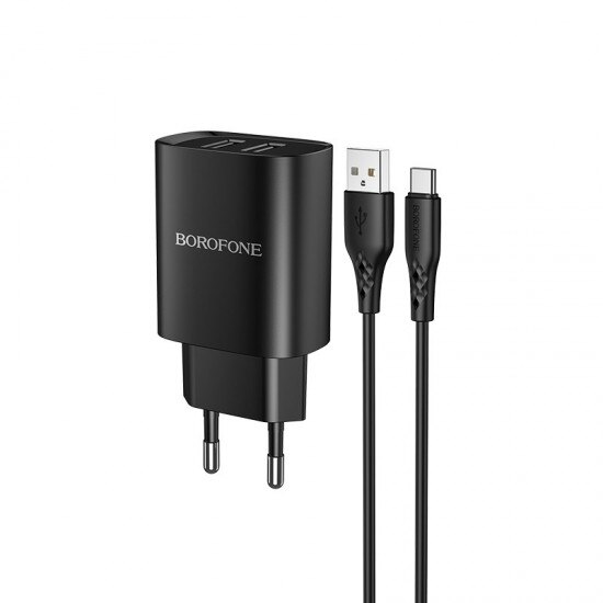 Incarcator Retea Borofone, BN2 2 x USB, Cablu USB Type-C, Negru