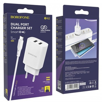 Incarcator Retea Borofone, BN2 2 x USB, Cablu USB Type-C, Alb Incarcator Retea Borofone, BN2 2 x USB, Cablu USB Type-C, Alb