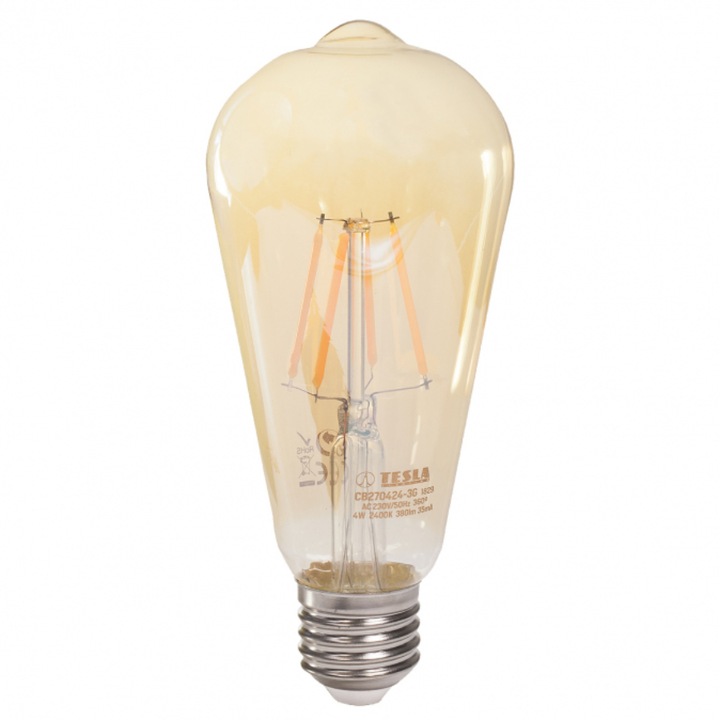 Bec Tesla LED CONE VINTAGE, E27, 4W, 230V, 380lm, 2400K, 360°, chihlimbar