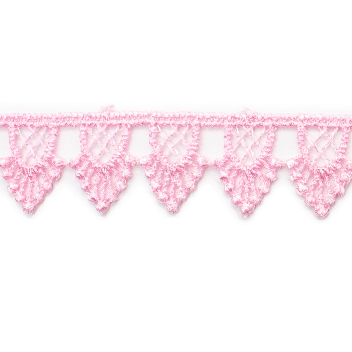 Rola dantela guipure 2257, neelastica, poliester, latime 2 cm, lungime 9 m, culoare roz