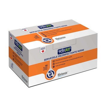Servetele umede dezinfectante pentru maini, cu actiune virucida, ambalate individual cu 85% alcool, KLINALL, 100 buc Servetele umede dezinfectante pentru maini, cu actiune virucida, ambalate individual cu 85% alcool, KLINALL, 100 buc